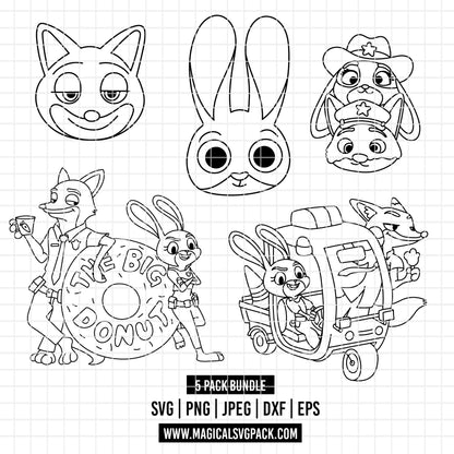 COD5213 - Nick & Judy, Zootopia pack bundle line art, Disney clipart Svg, Png, Eps, Dxf, Jpeg, vector.