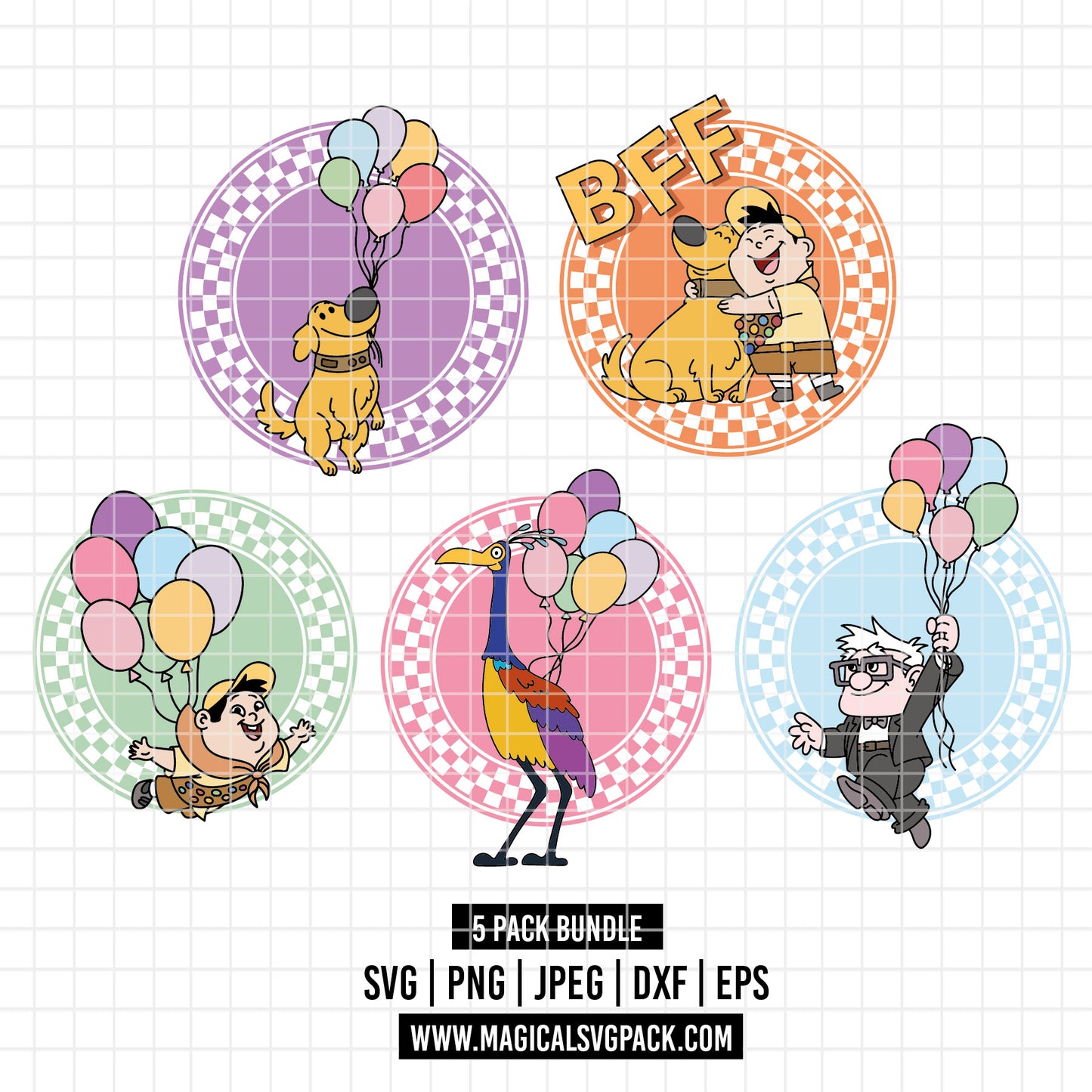 COD5424 - Up, Adventure is out there: Checkered Characters pack bundle, Disney Pixar clipart Svg, Png, Eps, Dxf, Jpeg, vector.