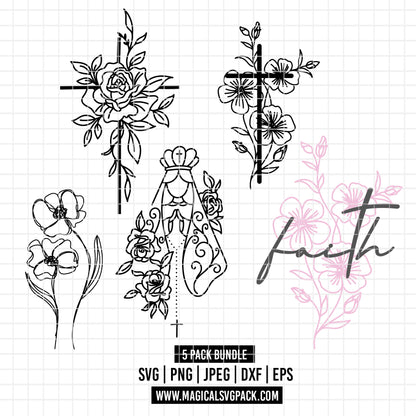 COD5426 - Religion pack bundle Svg, Eps, Png, Dxf, Jpeg (Floral Cross, Cross, Easter, Religious, Faith, Virgin Mary, flowers, Rosary)