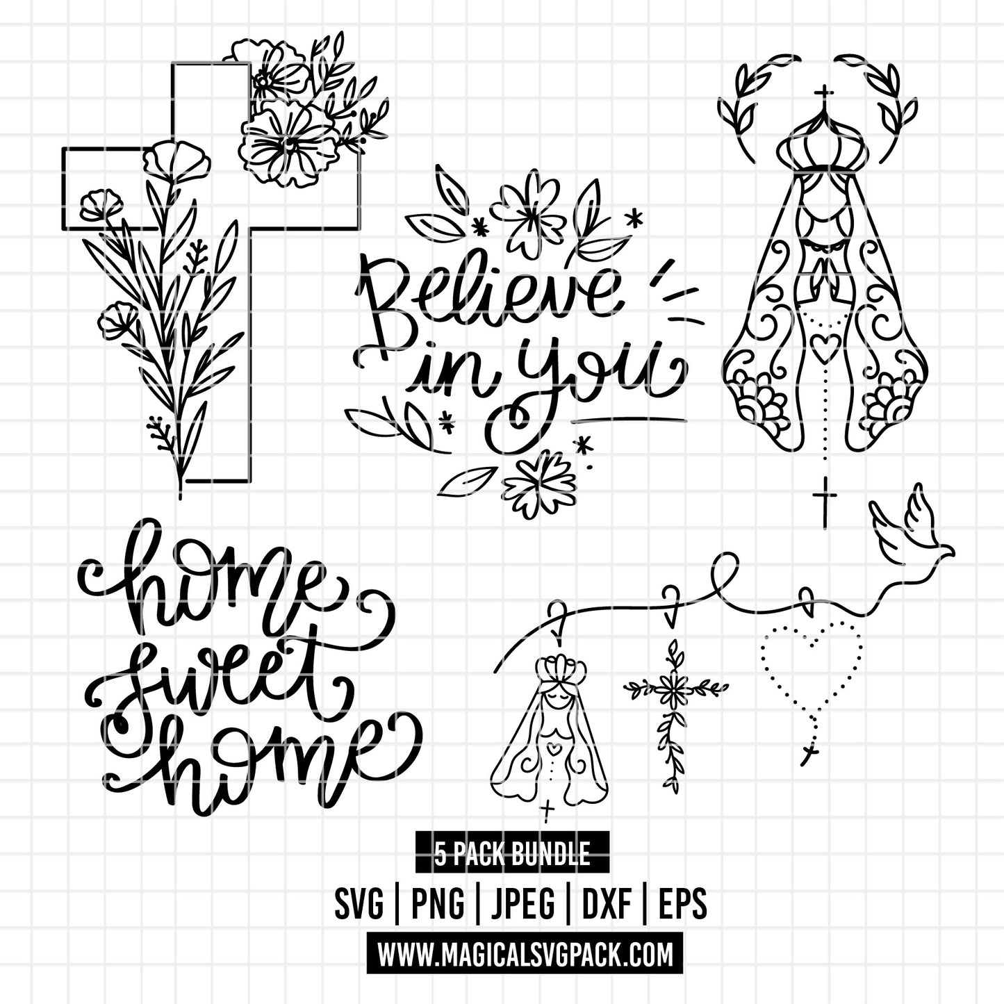 COD5427 - Religion pack bundle Svg, Eps, Png, Dxf, Jpeg (Floral Cross, Cross, Easter, Religious, Faith, Virgin Mary, flowers, Rosary, Quotes)