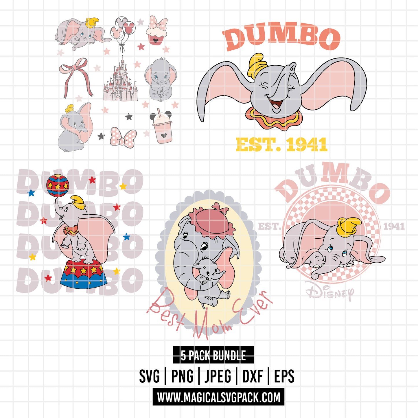COD5453 - Dumbo patterns pack bundle, Disney Classics clipart Svg, Png, Eps, Dxf, Jpeg, vector.