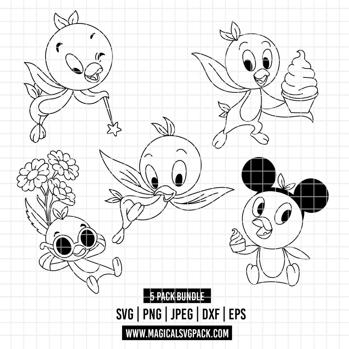 COD5754 - Orange Bird line art pack bundle, Disney Classics clipart Svg, Png, Eps, Dxf, Jpeg, vector.