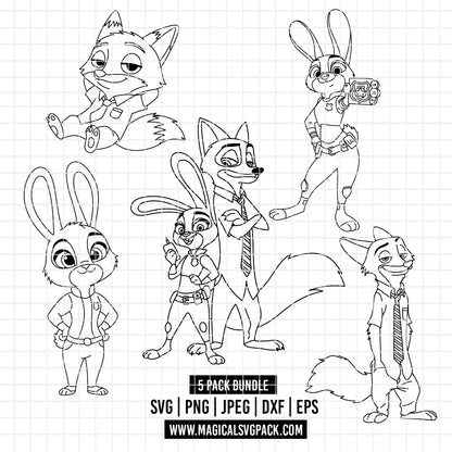 COD5764 - Nick & Judy, Zootopia pack bundle line art, Disney clipart Svg, Png, Eps, Dxf, Jpeg, vector.