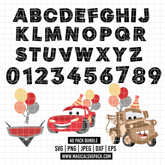 COD5941 - Cars Birthday SVG PNG Bundle. Cricut instant download. Lightning McQueen, Mater, icons,  Alphabet, Numbers