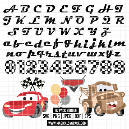 COD5942 - Cars Birthday SVG PNG Bundle. Lightning McQueen, Mater, icons, Racing Alphabet Font Uppercase Lowercase, Checkered Numbers. Cricut svg