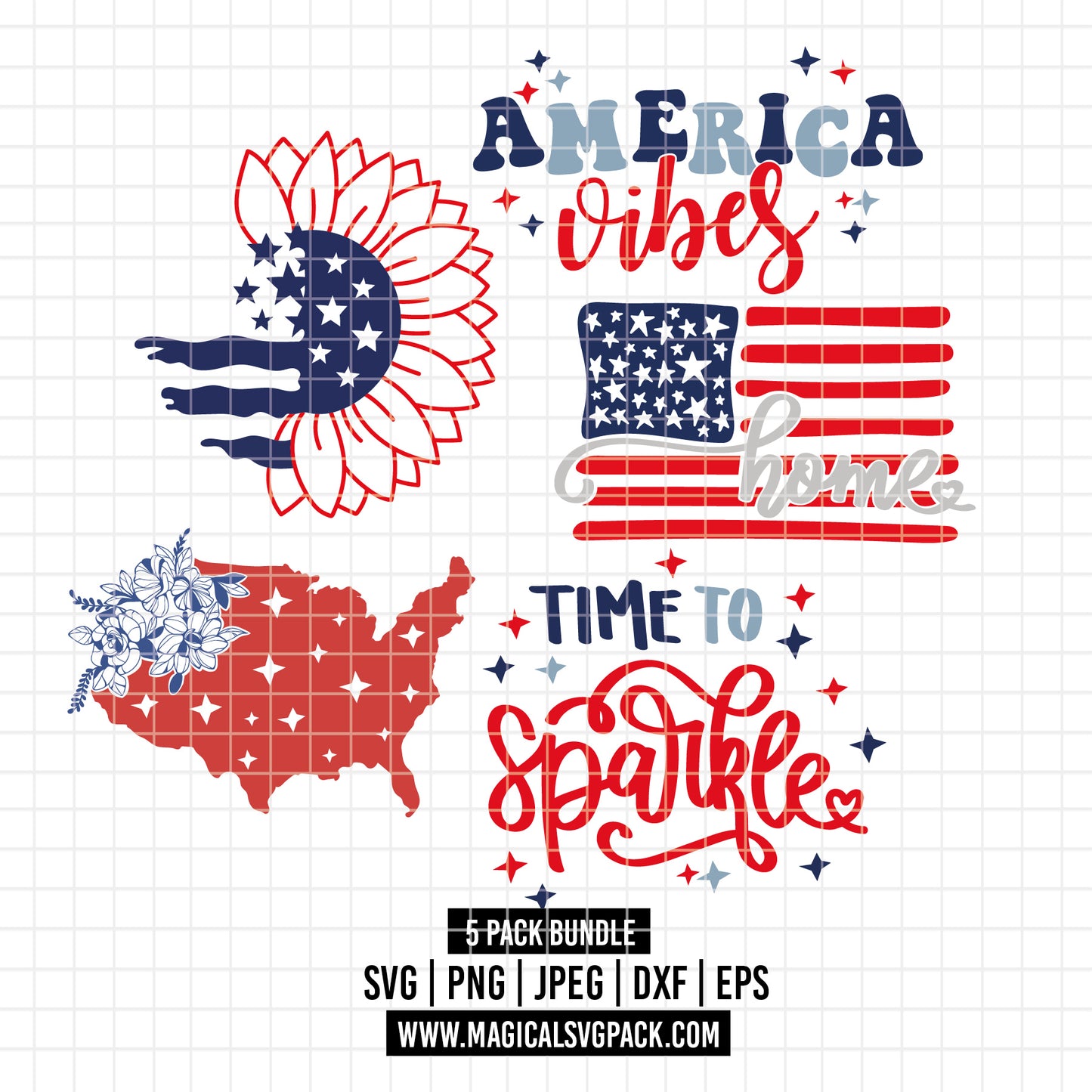 COD5944 - 4th of July SVG Bundle | Patriotic USA American Flag Sunflower | America Vibes Time to Sparkle | Cricut Sublimation Instant Download