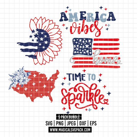 COD5944 - 4th of July SVG Bundle | Patriotic USA American Flag Sunflower | America Vibes Time to Sparkle | Cricut Sublimation Instant Download