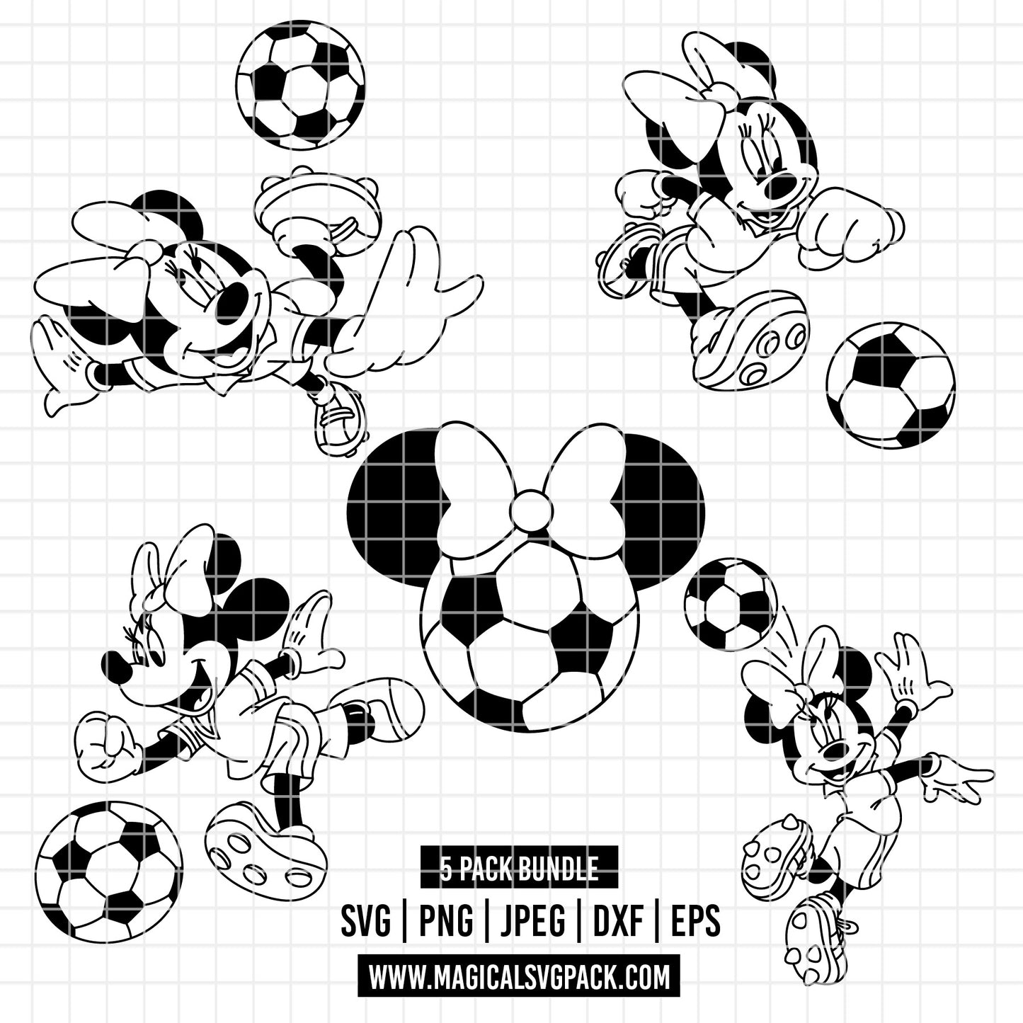 COD6027 - Minnie Soccer line art pack bundle, Disney clipart Svg, Png, Eps, Dxf, Jpeg, vector.