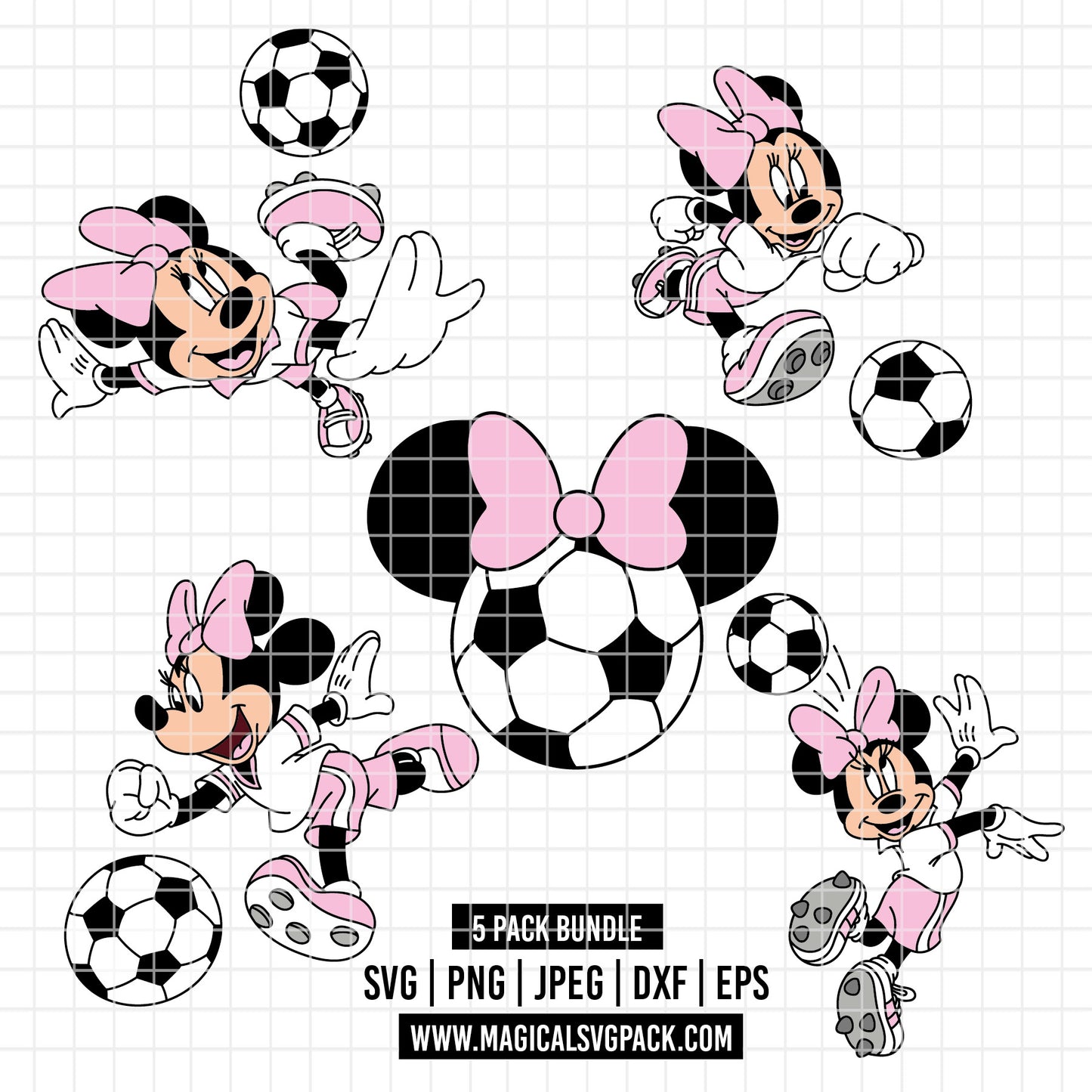 COD6029 - Minnie Soccer cute pack bundle, Disney clipart Svg, Png, Eps, Dxf, Jpeg, vector.
