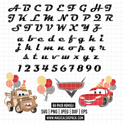 COD6038 - Cars Birthday SVG PNG Bundle. Lightning McQueen, Mater, icons, Racing Alphabet Font Uppercase Lowercase, Numbers. Cricut instant download
