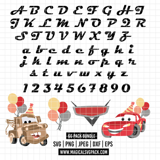COD6038 - Cars Birthday SVG PNG Bundle. Lightning McQueen, Mater, icons, Racing Alphabet Font Uppercase Lowercase, Numbers. Cricut instant download