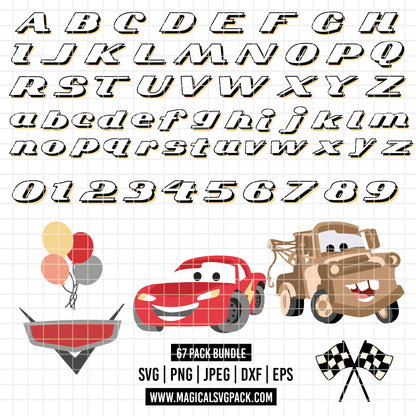 COD6039 - Cars SVG PNG Bundle | Racing Font Gold Shadow Uppercase Lowercase | Lightning McQueen Mater Custom Name | Cricut Instant Download