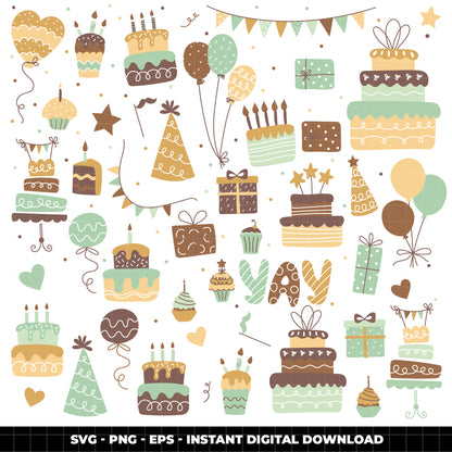 COD6040 - Birthday SVG PNG Bundle | 183 Party Clipart Cake Balloons Cupcake Gift | Birthday Party Elements | Cricut Instant Download