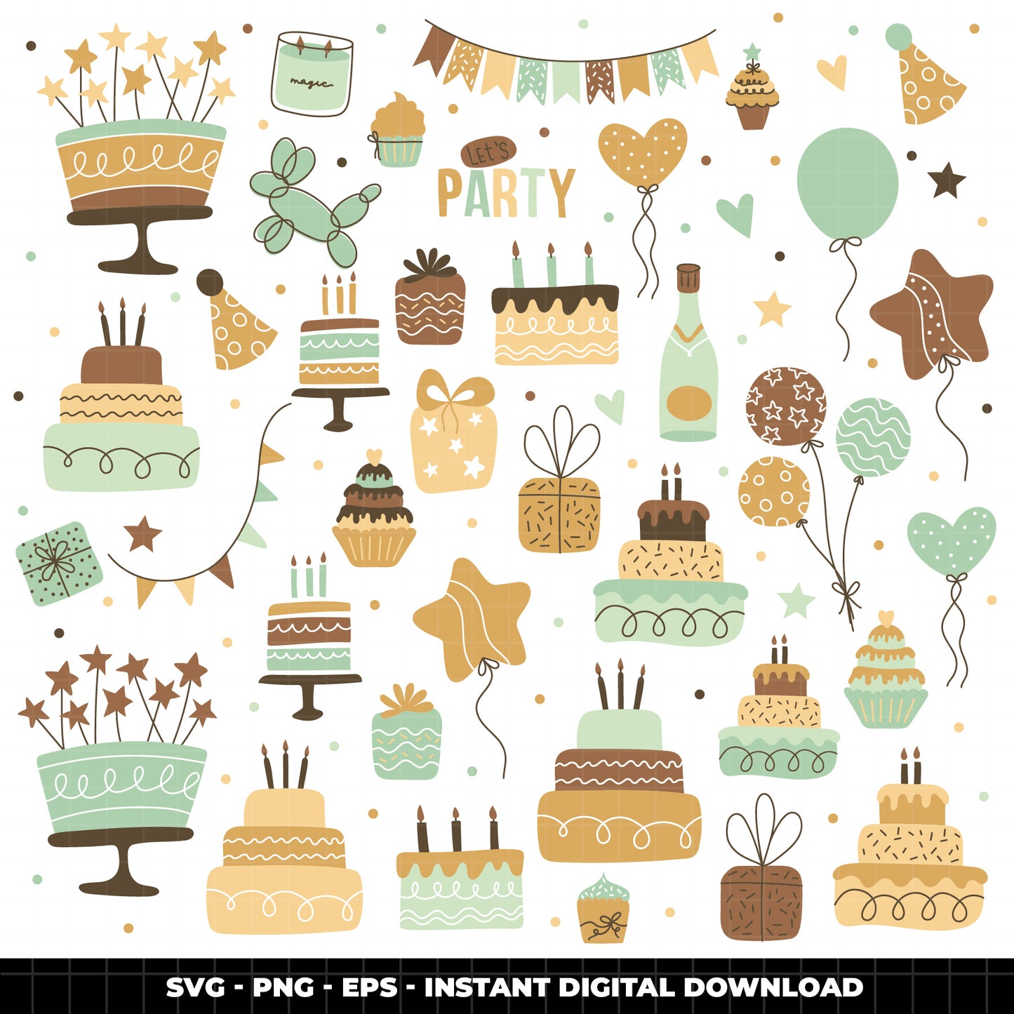 COD6040 - Birthday SVG PNG Bundle | 183 Party Clipart Cake Balloons Cupcake Gift | Birthday Party Elements | Cricut Instant Download