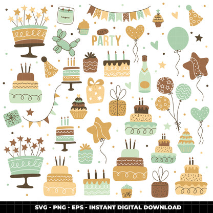 COD6040 - Birthday SVG PNG Bundle | 183 Party Clipart Cake Balloons Cupcake Gift | Birthday Party Elements | Cricut Instant Download