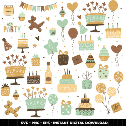 COD6040 - Birthday SVG PNG Bundle | 183 Party Clipart Cake Balloons Cupcake Gift | Birthday Party Elements | Cricut Instant Download