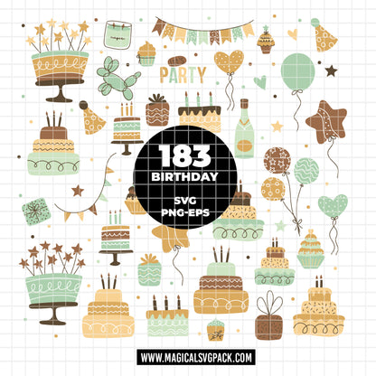 COD6040 - Birthday SVG PNG Bundle | 183 Party Clipart Cake Balloons Cupcake Gift | Birthday Party Elements | Cricut Instant Download