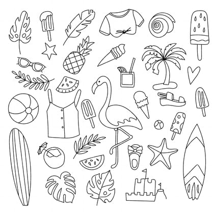 COD6042 - Summer Doodle SVG PNG Bundle | 68 Beach Clipart Hand Drawn Line Art | Flamingo Tropical Vacation | Cricut Instant Download