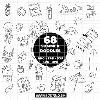 COD6042 - Summer Doodle SVG PNG Bundle | 68 Beach Clipart Hand Drawn Line Art | Flamingo Tropical Vacation | Cricut Instant Download