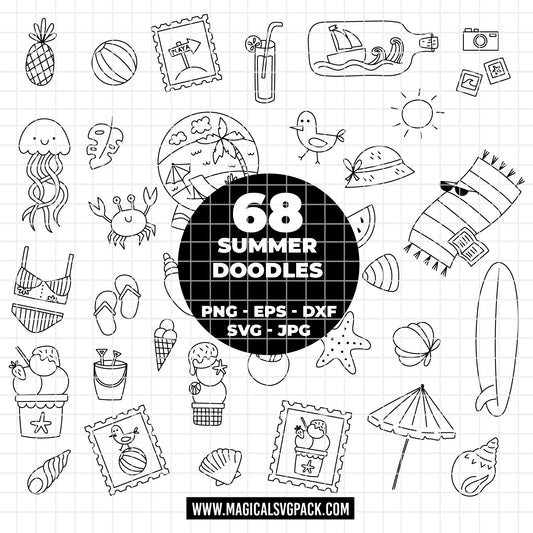 COD6042 - Summer Doodle SVG PNG Bundle | 68 Beach Clipart Hand Drawn Line Art | Flamingo Tropical Vacation | Cricut Instant Download