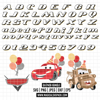 COD6049 - Cars SVG PNG Bundle | Racing Font Gold Shadow Uppercase Lowercase | Lightning McQueen Mater Custom Name | Cricut Instant Download
