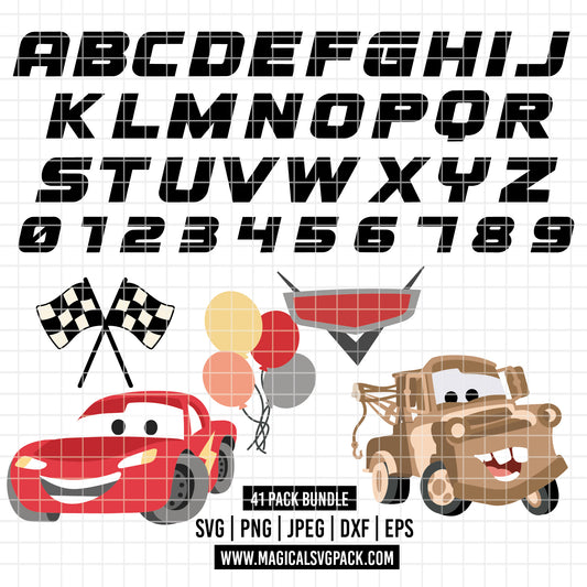 COD6050 - Cars SVG PNG Bundle | Speed Stripe Racing Font Lightning McQueen Mater Custom Name | Checkered Flag Clipart | Cricut Instant Download