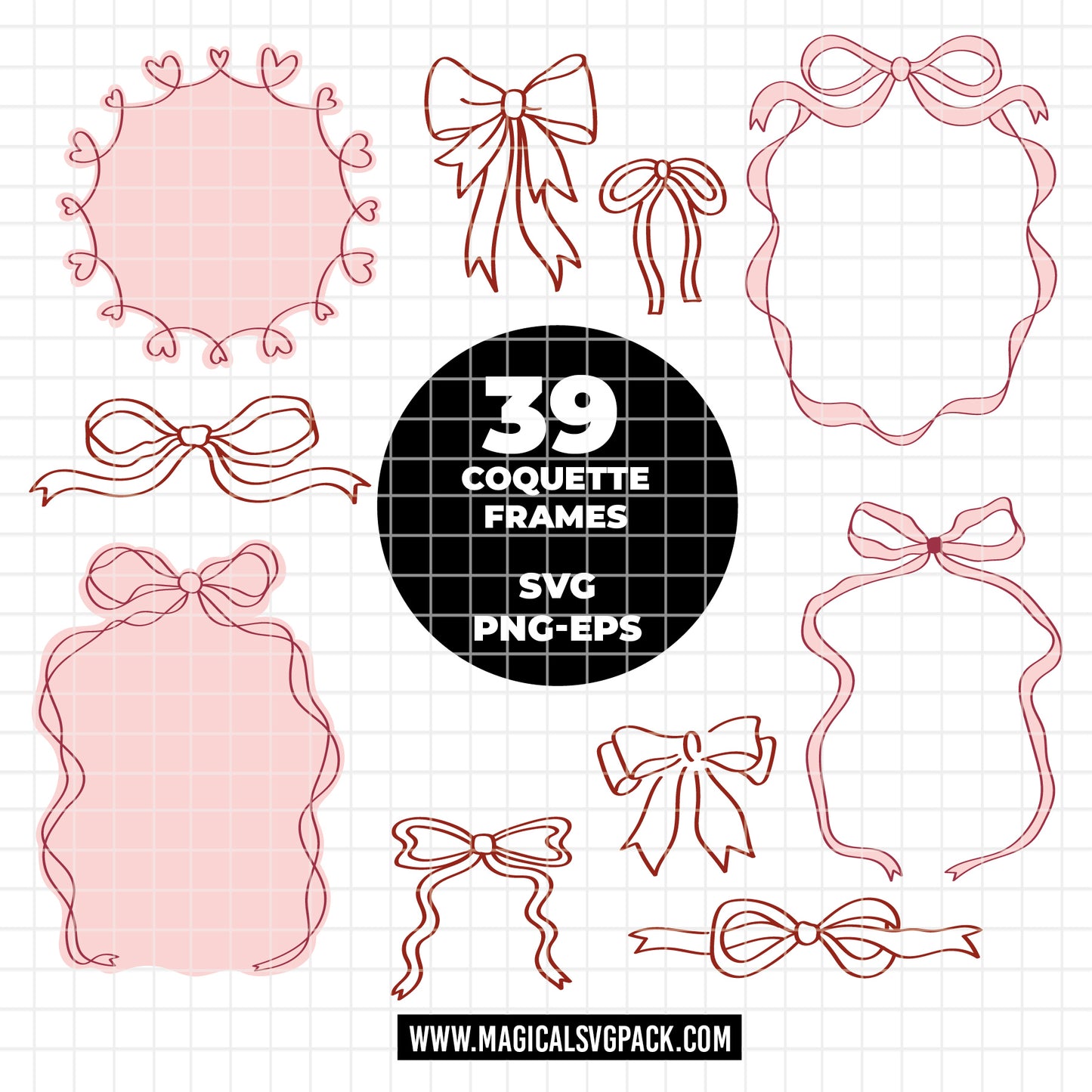 COD6052 - Coquette Bow SVG PNG Bundle | 39 Pink Ribbon Frame Clipart Hand Drawn | Girly Aesthetic Border | Cricut Instant Download