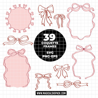 COD6052 - Coquette Bow SVG PNG Bundle | 39 Pink Ribbon Frame Clipart Hand Drawn | Girly Aesthetic Border | Cricut Instant Download