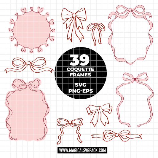 COD6052 - Coquette Bow SVG PNG Bundle | 39 Pink Ribbon Frame Clipart Hand Drawn | Girly Aesthetic Border | Cricut Instant Download