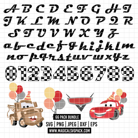 COD6097 - Cars Birthday SVG PNG Bundle. Cricut. Lightning McQueen, Mater, icons, Racing Alphabet Font Uppercase Lowercase, Checkered Numbers.