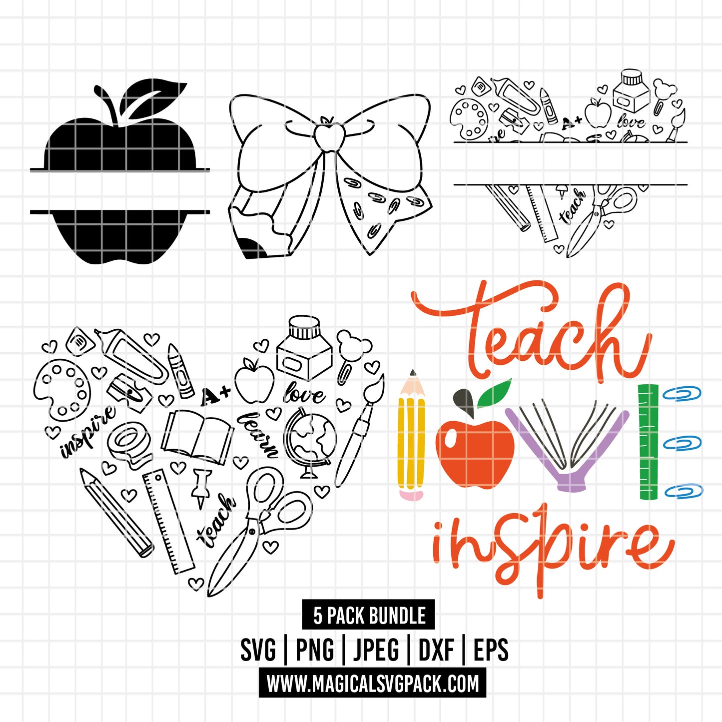 COD6099 - Teacher SVG PNG Bundle | Apple Monogram Heart Classroom Teach Love Inspire |Back to School Gift | Cricut Sublimation Instant Download