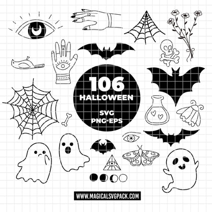 COD6100 - Halloween SVG PNG Bundle | 106 Ghost Bat Spider Web Witch Doodle Clipart | Spooky Season Cut Files | Cricut Instant Download