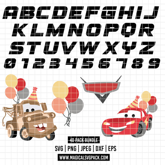 COD6145 - Cars SVG PNG Bundle | Cricut Instant Download | Speed Stripe Racing Font Lightning McQueen Mater Custom Name | Numbers Cars Logo