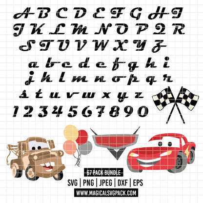 COD6146 - Cars Birthday SVG PNG Bundle. Cricut instant download. Lightning McQueen, Mater, icons, Racing Alphabet Font Uppercase Lowercase, Numbers