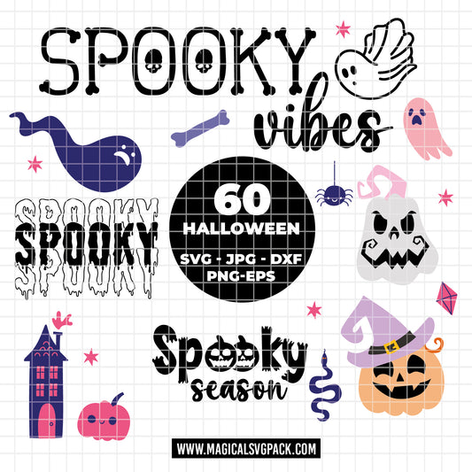 COD6154 - Spooky Vibes SVG PNG Bundle | 60 Halloween Pumpkin Ghost Cute Pink Purple Clipart | Spooky Season Family | Cricut Instant Download