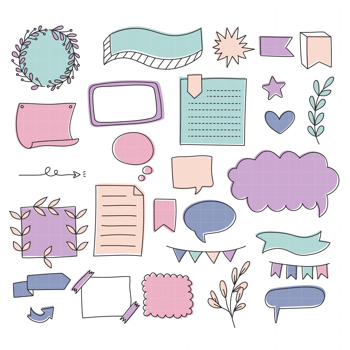 COD6155 - Bullet Journal SVG PNG Bundle | 113 Planner Doodle Clipart Frames Banners Washi Tape Speech Bubbles | Pastel Journal Elements |Cricut