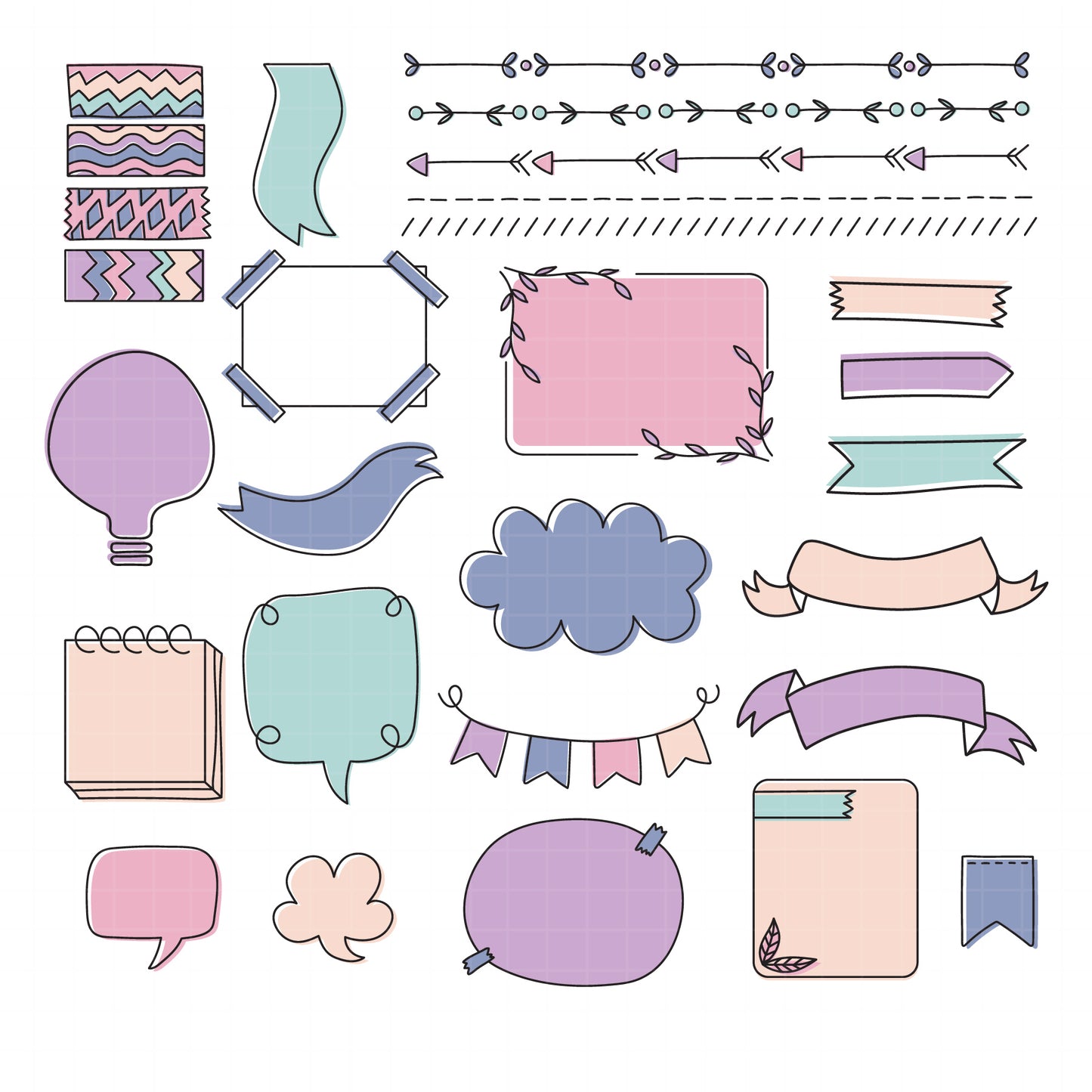 COD6155 - Bullet Journal SVG PNG Bundle | 113 Planner Doodle Clipart Frames Banners Washi Tape Speech Bubbles | Pastel Journal Elements |Cricut