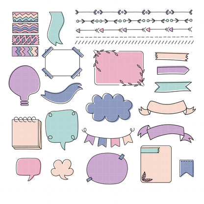 COD6155 - Bullet Journal SVG PNG Bundle | 113 Planner Doodle Clipart Frames Banners Washi Tape Speech Bubbles | Pastel Journal Elements |Cricut