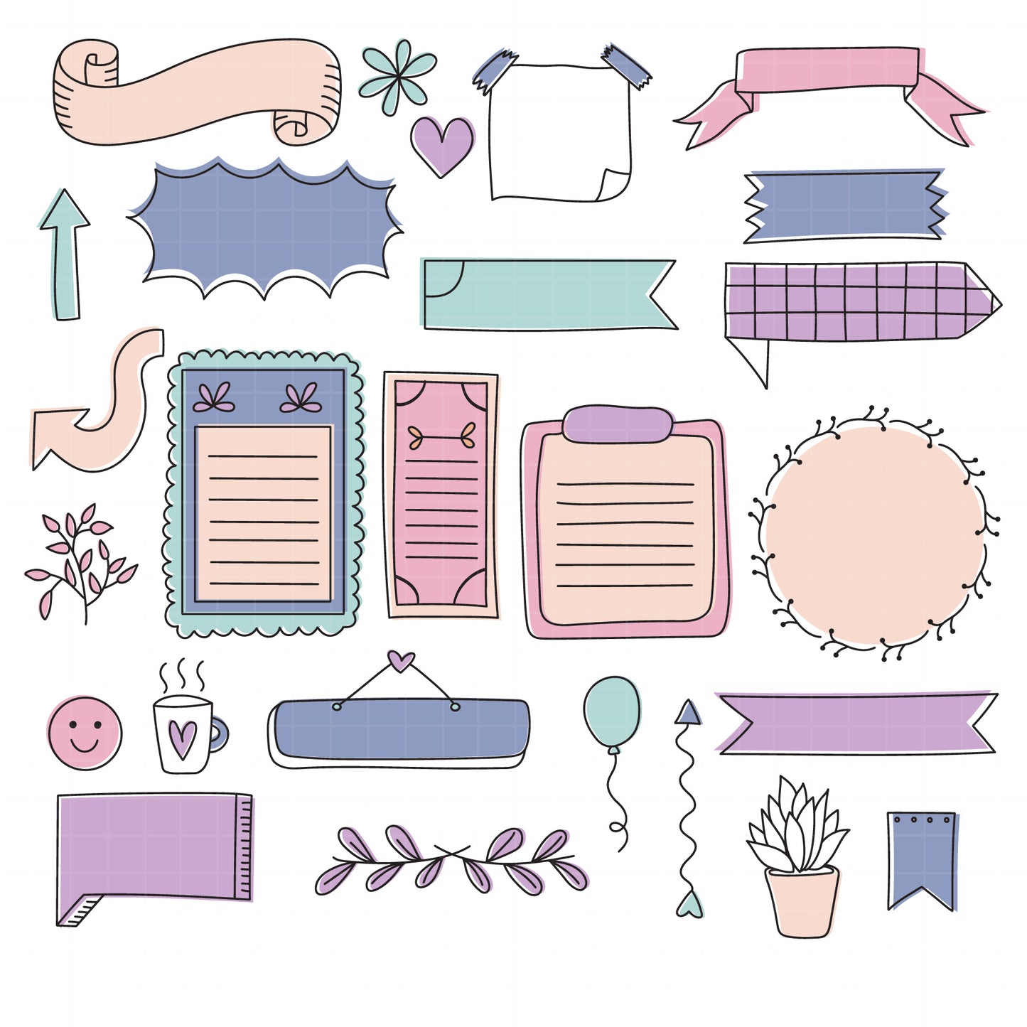 COD6155 - Bullet Journal SVG PNG Bundle | 113 Planner Doodle Clipart Frames Banners Washi Tape Speech Bubbles | Pastel Journal Elements |Cricut