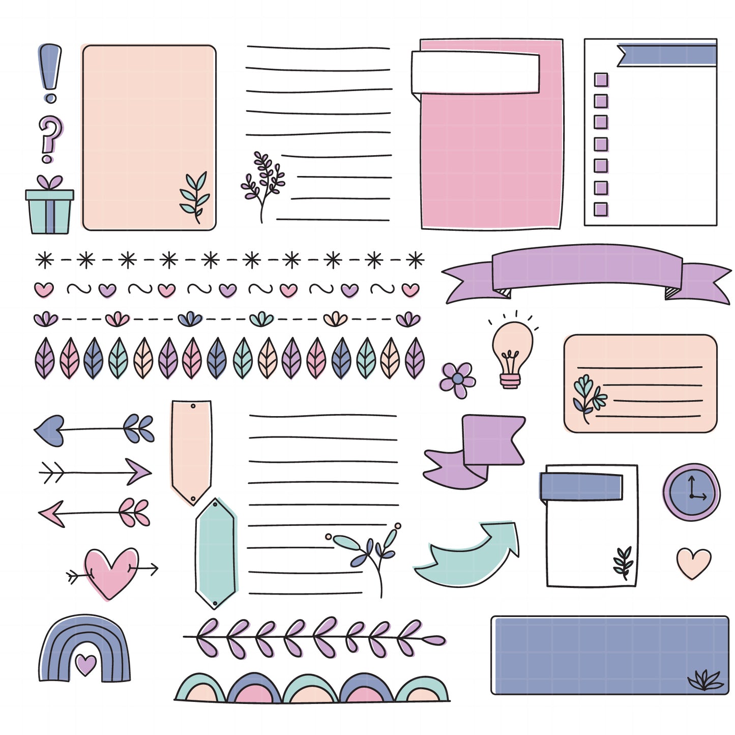 COD6155 - Bullet Journal SVG PNG Bundle | 113 Planner Doodle Clipart Frames Banners Washi Tape Speech Bubbles | Pastel Journal Elements |Cricut