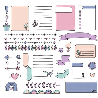 COD6155 - Bullet Journal SVG PNG Bundle | 113 Planner Doodle Clipart Frames Banners Washi Tape Speech Bubbles | Pastel Journal Elements |Cricut