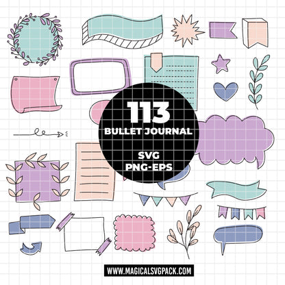 COD6155 - Bullet Journal SVG PNG Bundle | 113 Planner Doodle Clipart Frames Banners Washi Tape Speech Bubbles | Pastel Journal Elements |Cricut