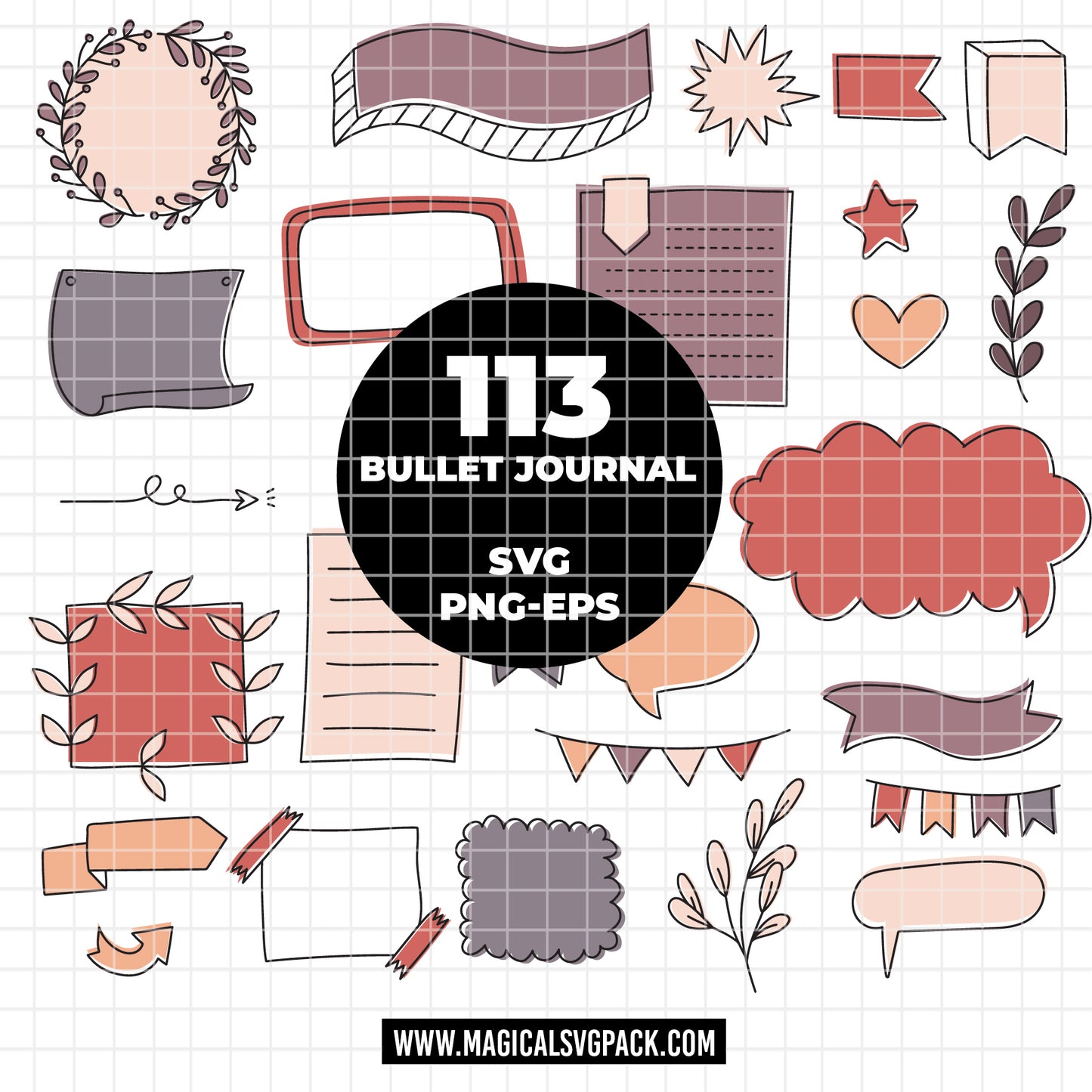 COD6156 - Bullet Journal SVG PNG Bundle | 113 Boho Earthy Planner Doodle Clipart Frames Banners | Terracotta Journal Elements | Cricut Download