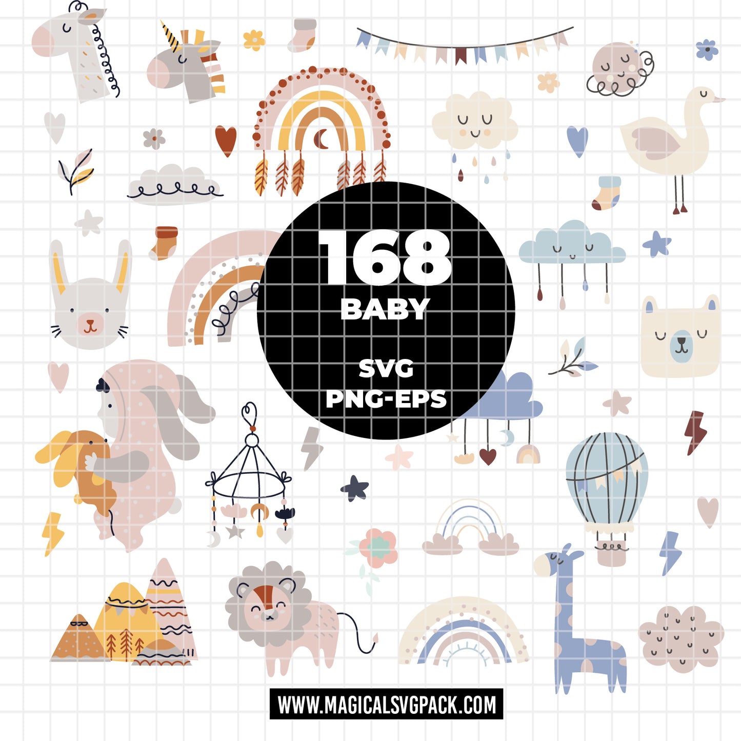 COD6157 - Baby SVG PNG Mega Bundle | 168 Boho Nursery Clipart 3 Color Palettes | Rainbow Animals Baby Shower | Cricut Sublimation Instant Download