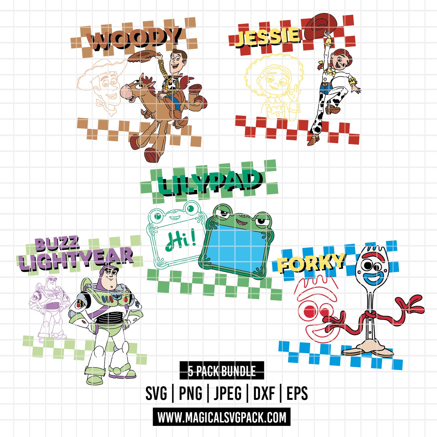 COD6200 - Toy Story characters Checkered pack bundle, Disney clipart Svg, Png, Eps, Dxf, Jpeg, vector.
