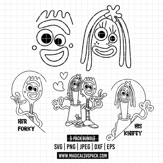 COD6202 - Forky & Knifey line art pack bundle, Disney clipart Svg, Png, Eps, Dxf, Jpeg, vector.
