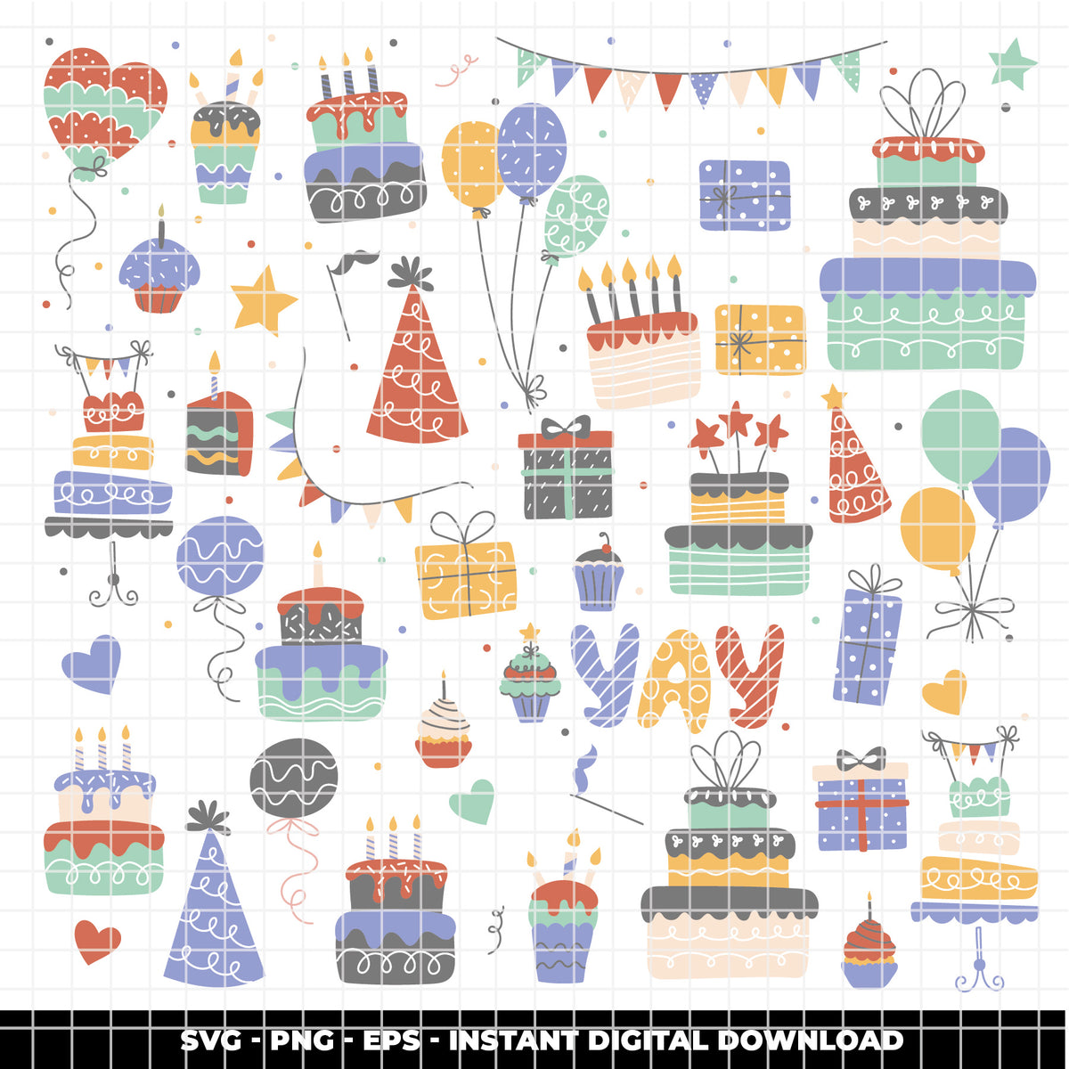 COD6304 - Birthday SVG Bundle PNG EPS, 366 Colorful Party Clipart.