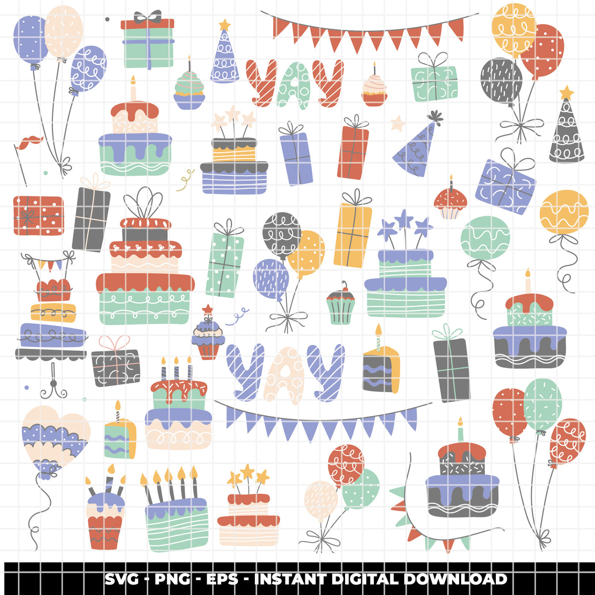 COD6304 - Birthday SVG Bundle PNG EPS, 366 Colorful Party Clipart.