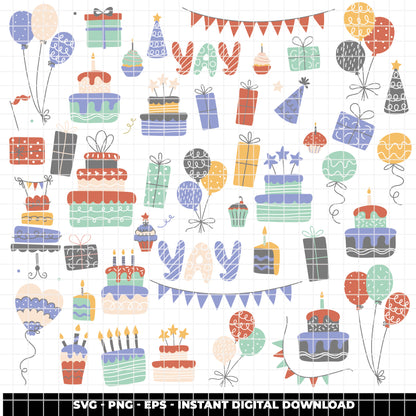 COD6304 - Birthday SVG Bundle PNG EPS, 366 Colorful Party Clipart.