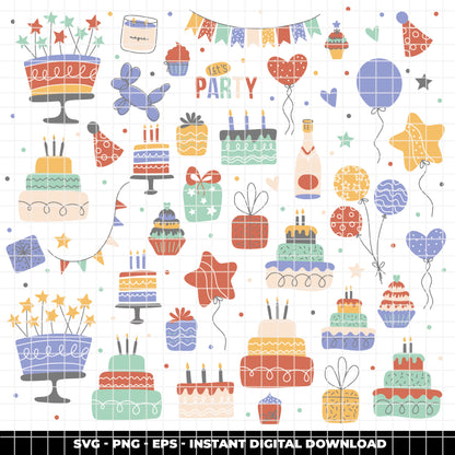 COD6304 - Birthday SVG Bundle PNG EPS, 366 Colorful Party Clipart.